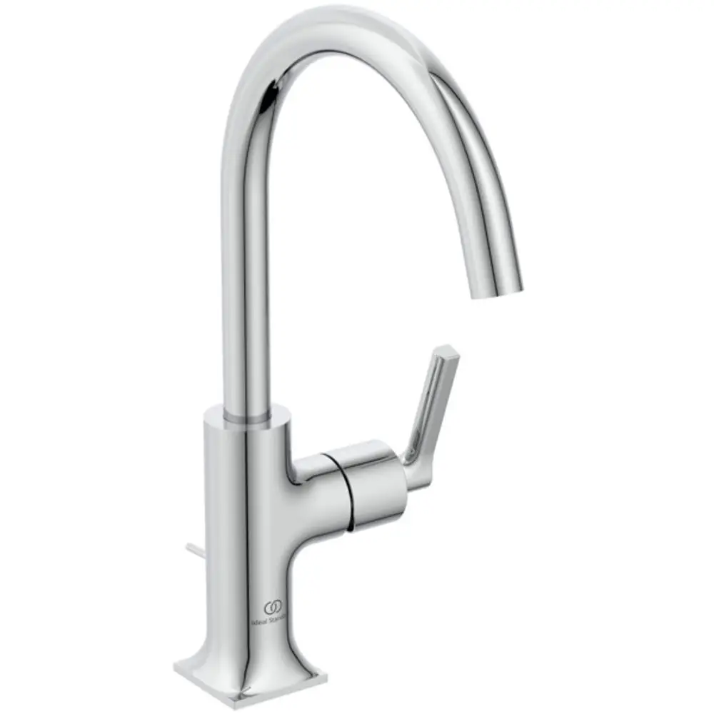 Chromfarbene Waschtischarmatur mit einem hohen, gebogenen Auslauf und Hebelgriff. Ausführung von Ideal Standard, geeignet für Badezimmerinstallation.